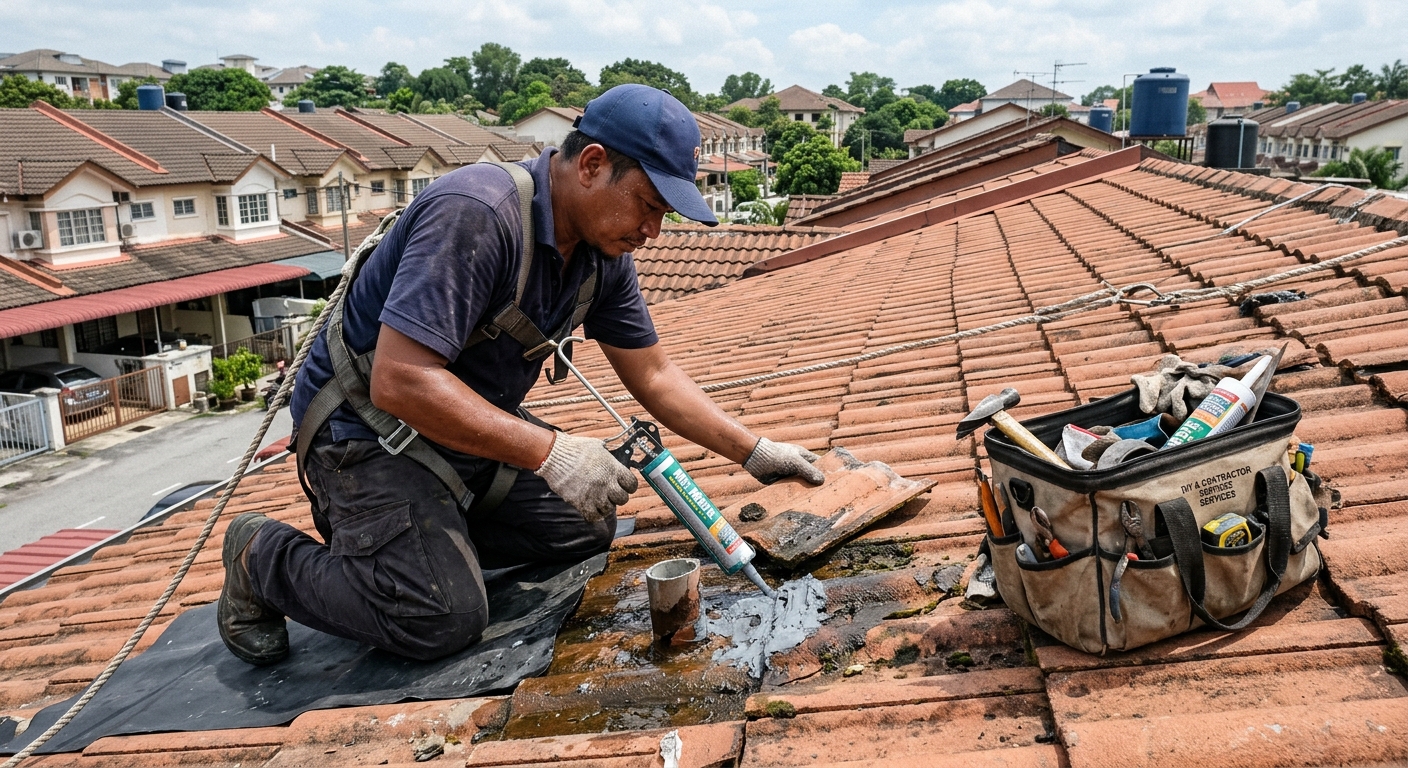 Pekerja AtapPro baiki bumbung bocor di atas rumah