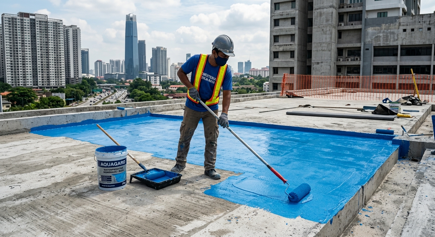 Pekerja menyapu lapisan waterproofing bumbung pada permukaan konkrit