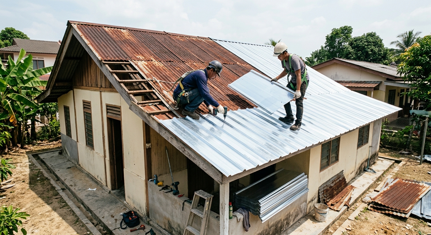 Pemasangan atap zink baru menggantikan zink lama berkarat